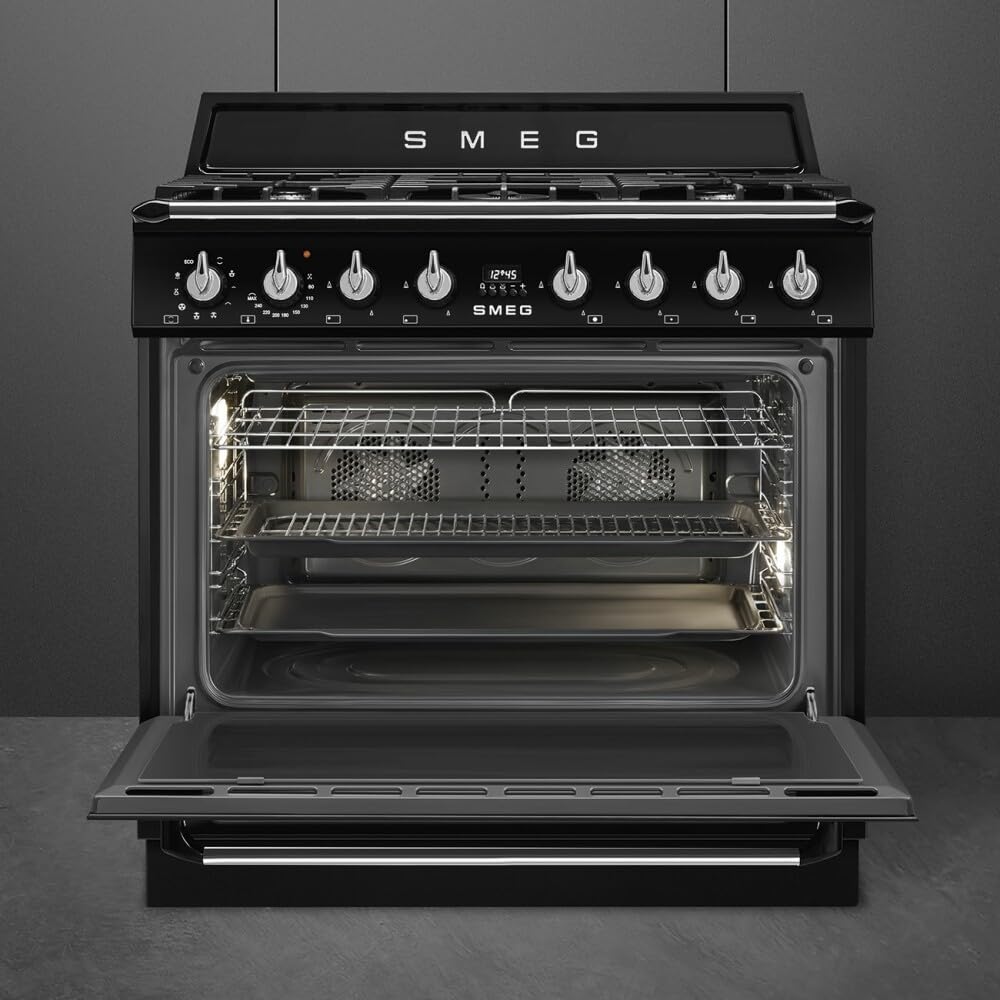 Smeg TR90GMBL Cuisine 90 cm, modèle Victoria, cuisinière à gaz, 5 feux, four électrique multifonction, couleur noir, classe énergétique A
