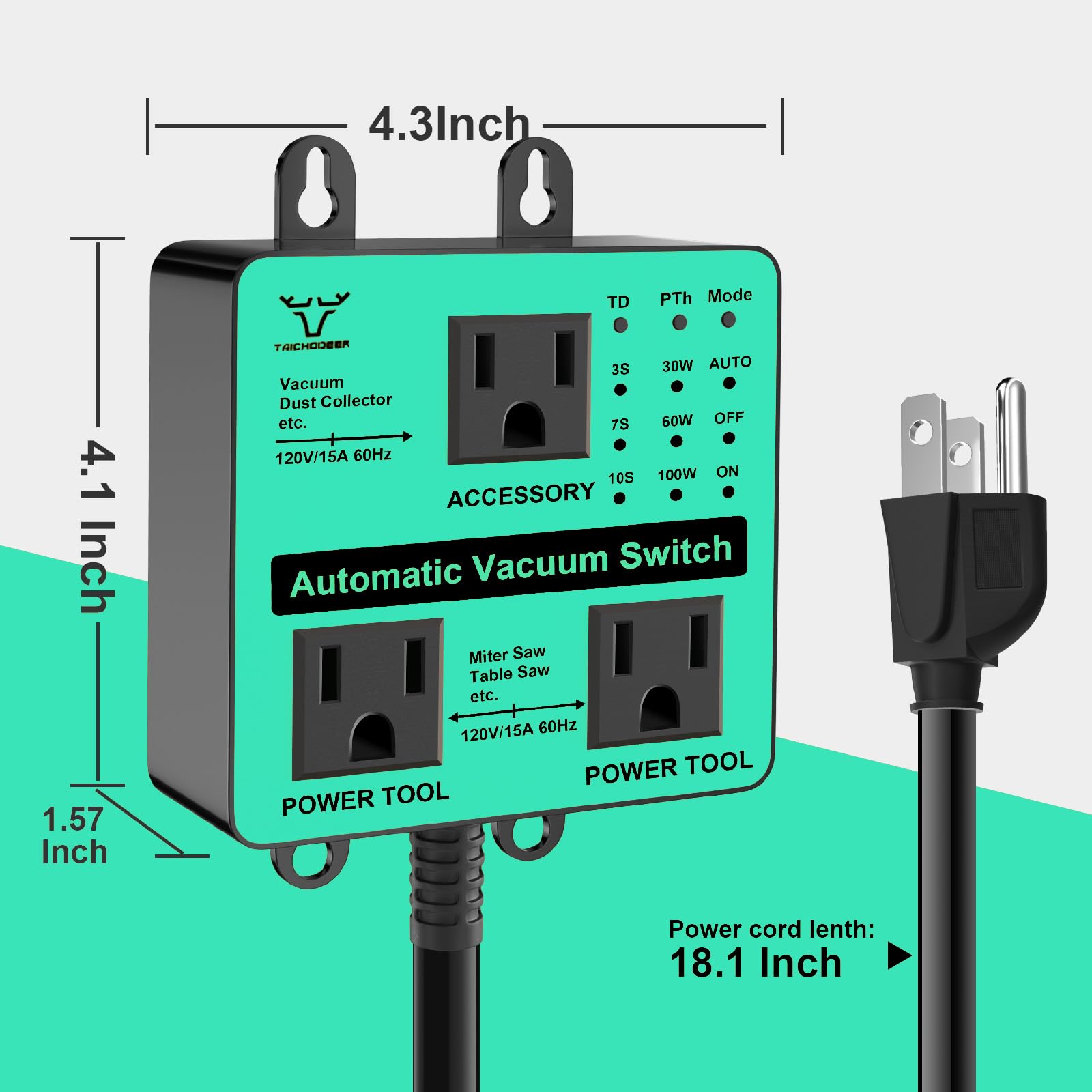 Interruptor de vacío automático mejorado, interruptor automático para colector de polvo, retardo personalizable (3/7/10s) para aspiradora de taller, disparador de herramienta eléctrica ajustable
