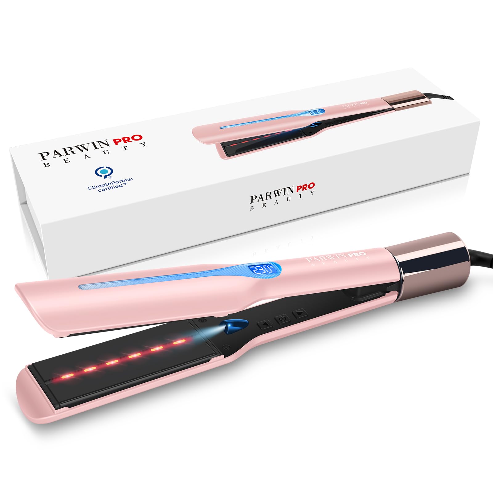 Plancha pelo infrarroja iónica 45 mm PARWIN PRO BEAUTY, placas anchas para cabello grueso, rizado, encrespado y largo, 14 temperaturas, color morado | PARWIN PRO BEAUTY - Plancha profesional para pelo grueso, rizado, rizado y largo, terapia infrarroja e i