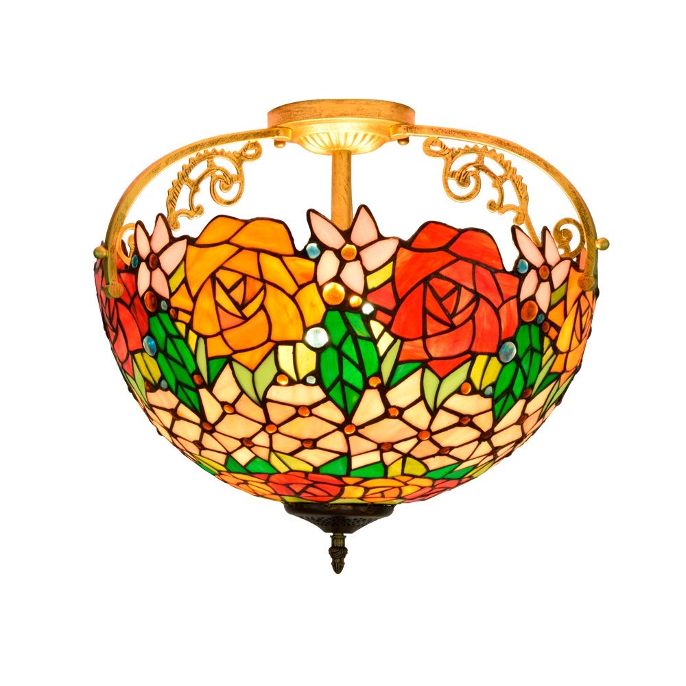 Plafonnier en vitrail Tiffany 40cm luminaire rétro jaune rouge rose