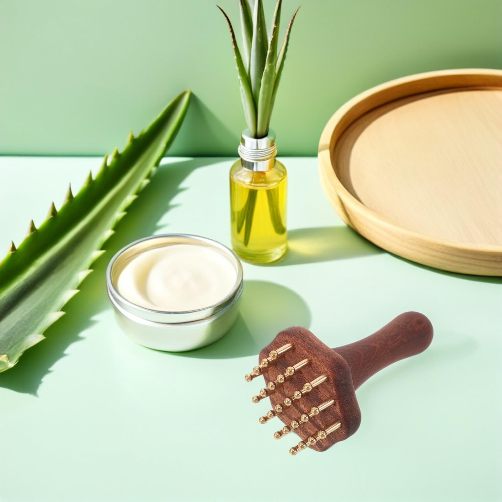 Kisangel Peine masajeador ergonómico de madera y latón con 24 dientes para cuidado corporal y capilar, ideal para spa en casa, pack de 2 unidades