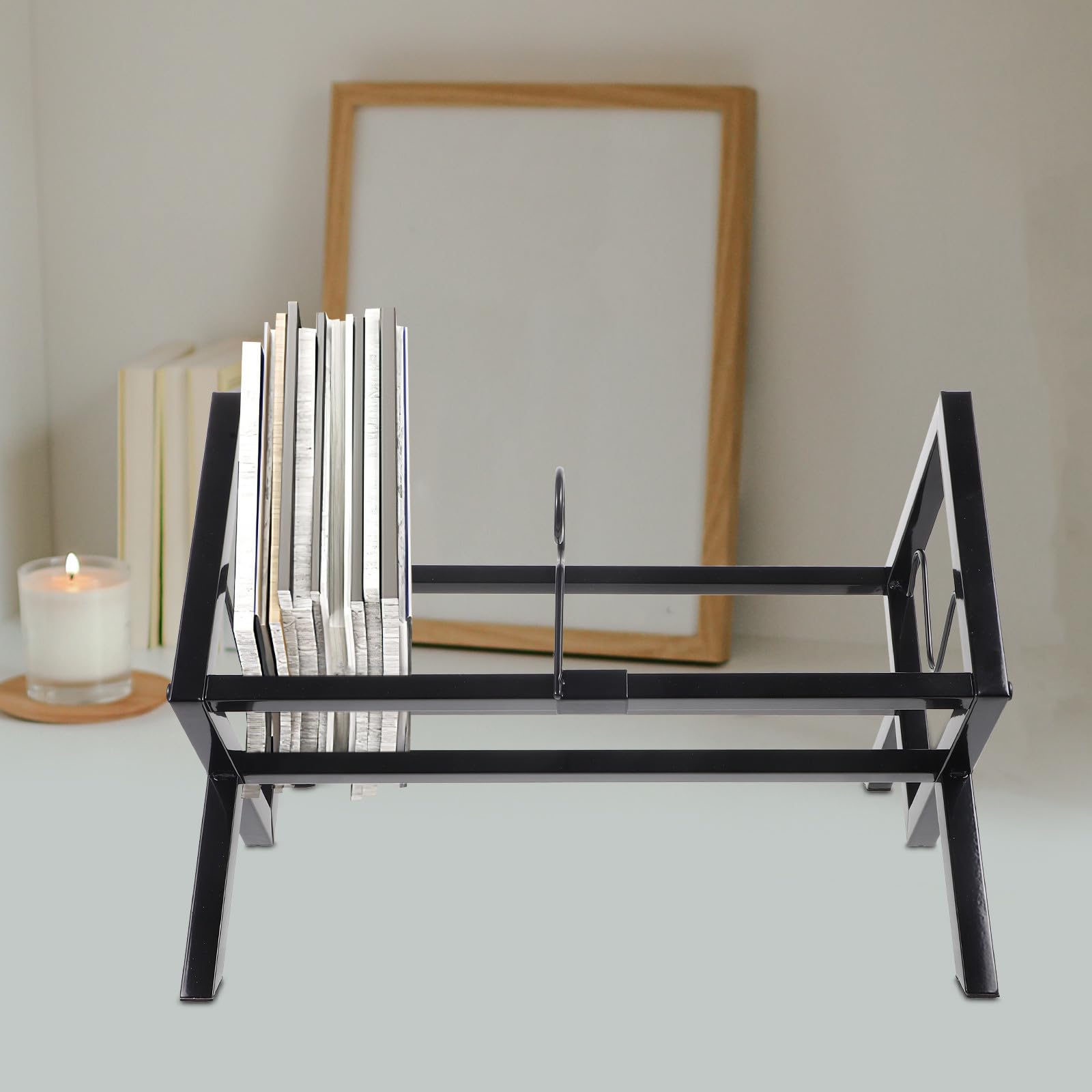Scaffale Porta Dischi in Vinile in Metallo Nero Grande Capacità, Supporto da Tavolo per Casa e Ufficio, per Esposizione di Vinili e Riviste