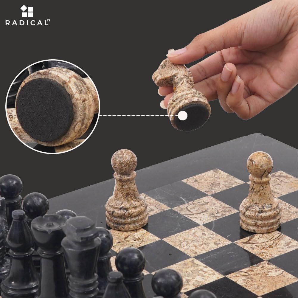 Radicaln Marble Chess Set 15" Inches Handmade Black and Fossil Coral Classic Strategy Board Game for Adults, Ideal Marble Chess Board & Pieces for Luxury Décor