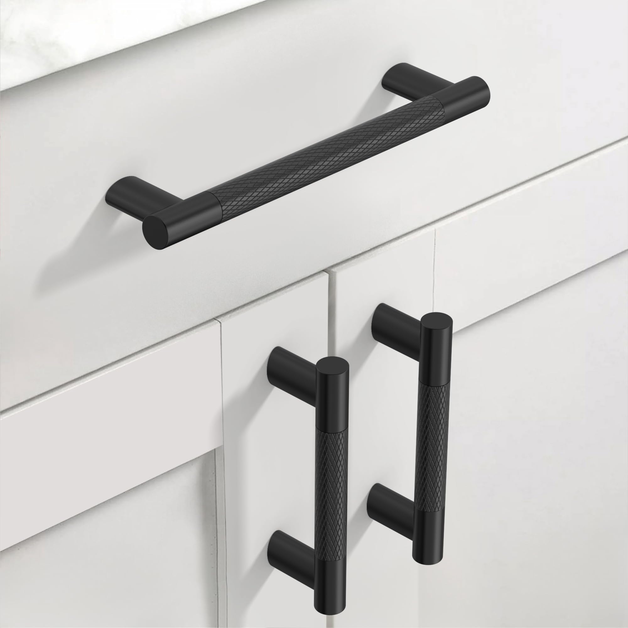 Paquete de 10 tiradores de gabinete de 3-3/4 pulgadas (96 mm), color negro mate, moleteados, tiradores de cajones para cocina, baño, clóset, aparador