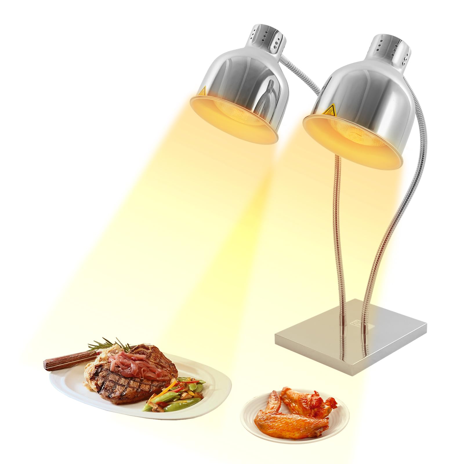 Food Heat Lamp, Commercial Food Warmer Lamp with 360°Adjustable Head 2 Dual 250w Bulbs, Food Warming Heating Light for Restaurant Kitchen Buffet (Silver)