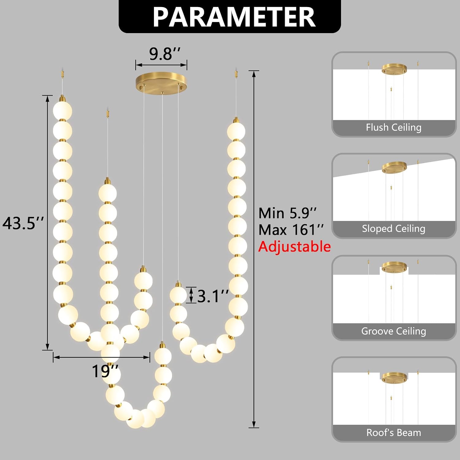3 Ring Modern Chandeliers Acrylic Balls Ceiling Pendant Lighting LED Dimmable Light for Living Room Foyer Dining Room Entryway Adjustable Hanging Lights Gold