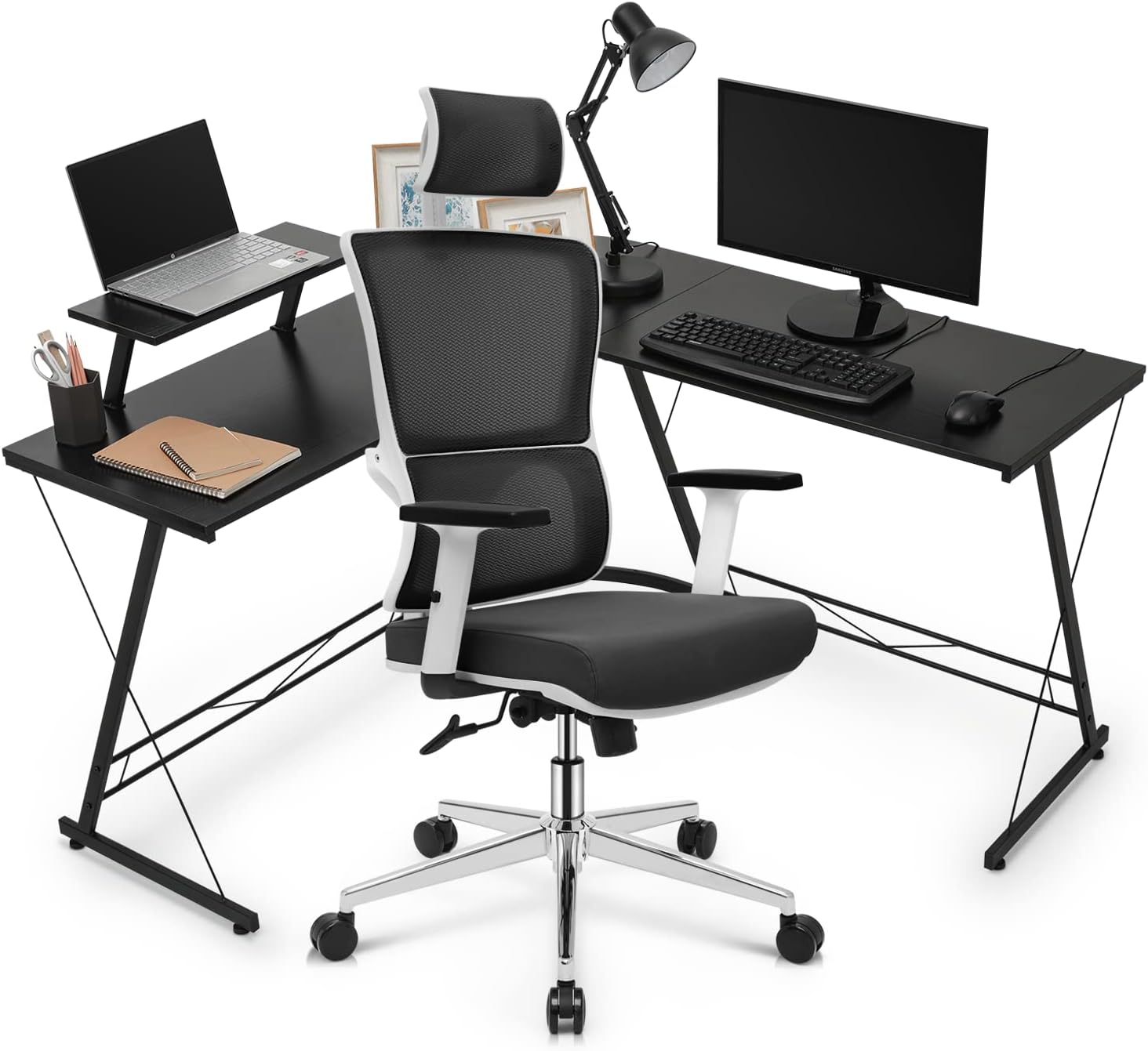 MoNiBloom Desk and Chair Set, L Shaped Student Laptop PC