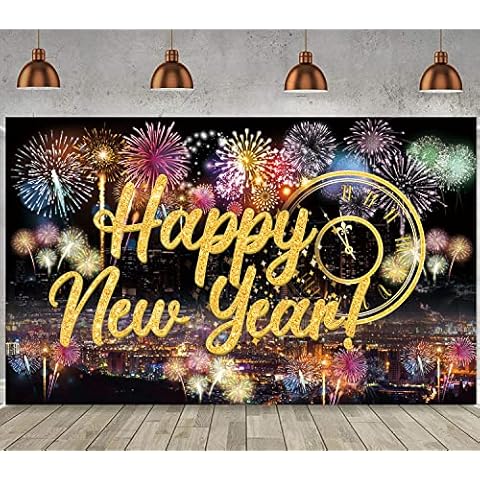 Famoby Happy New Year Fabric Sign Poster Backdrop with Fireworks for New Year Photo Booth Background Party Decoration Cover