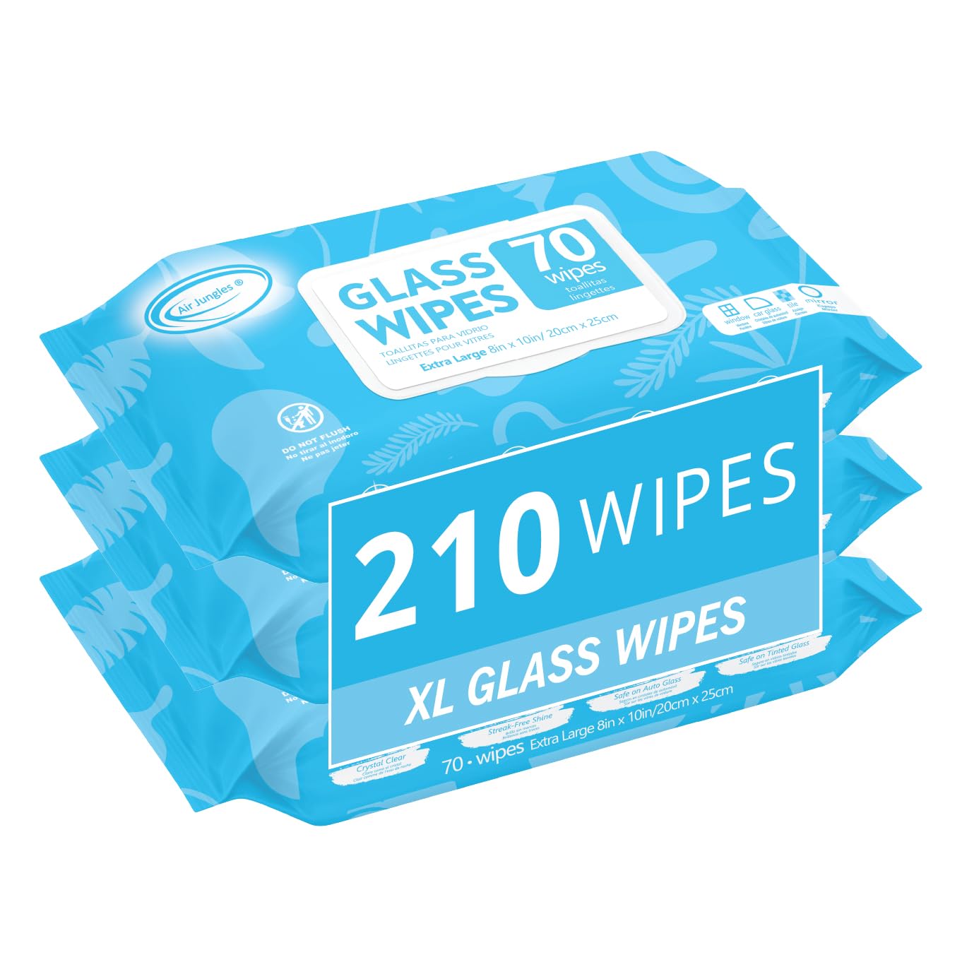 Air Jungles Glass &amp; Window Cleaner Wipes 70 Count (Pack of 3), XL 8x10 Inch