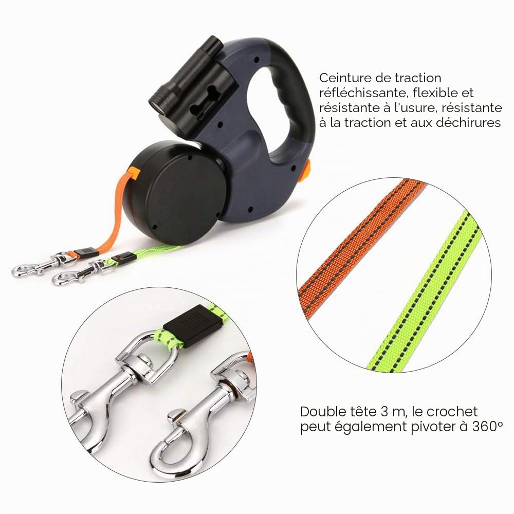 Laisse Double rétractable pour Chien, Laisse Double 3 m pour Deux Chiens Laisse Double Flexible pour Chien avec poignée antidérapante, pour Chiens de Petite et Moyenne Taille