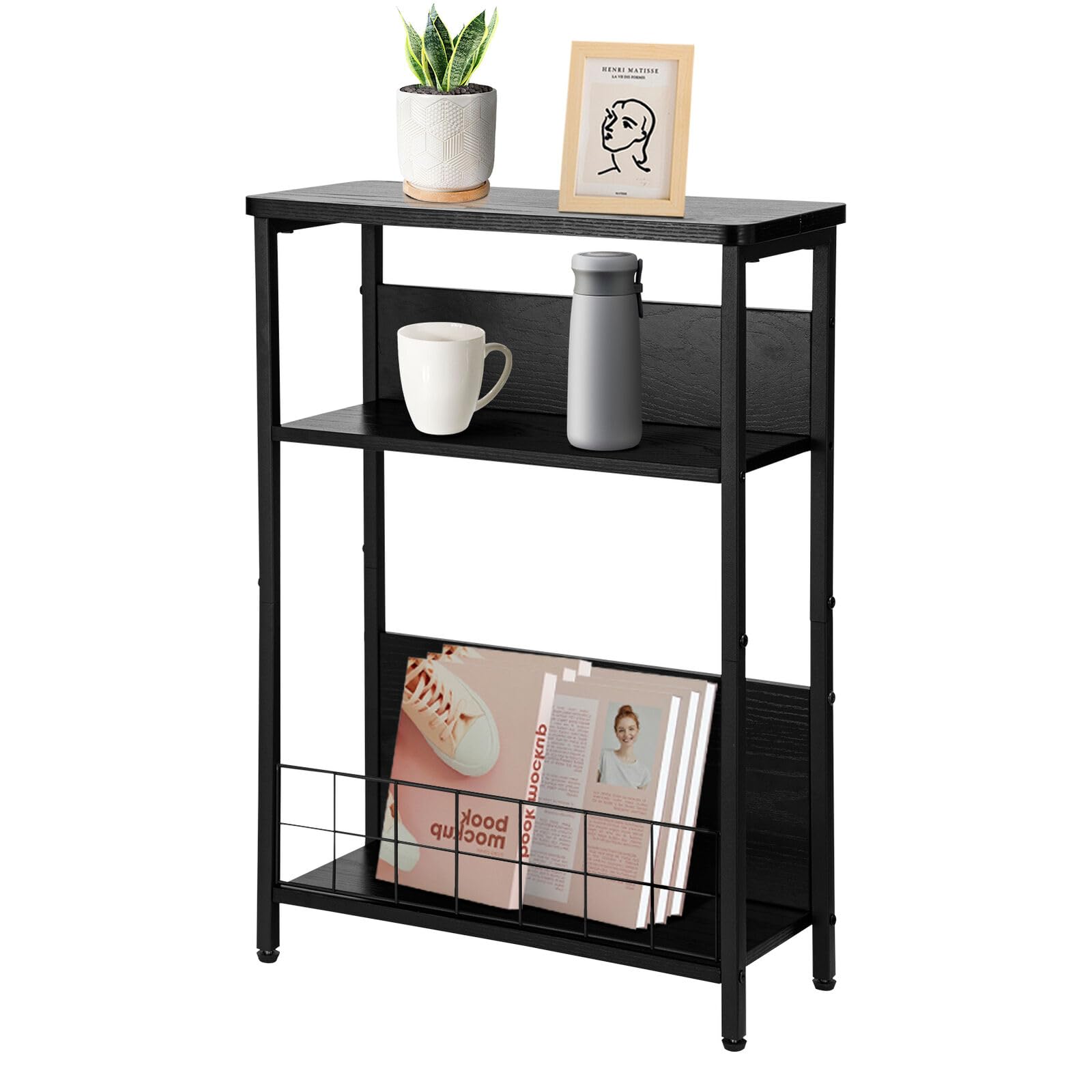 LN COZY CORNER 3-Tier Side Table with Storage Slim End Table Nightstand with Magazine Rack Thin Bedside Table for Small Spaces Living Room End Tables (BLACK)