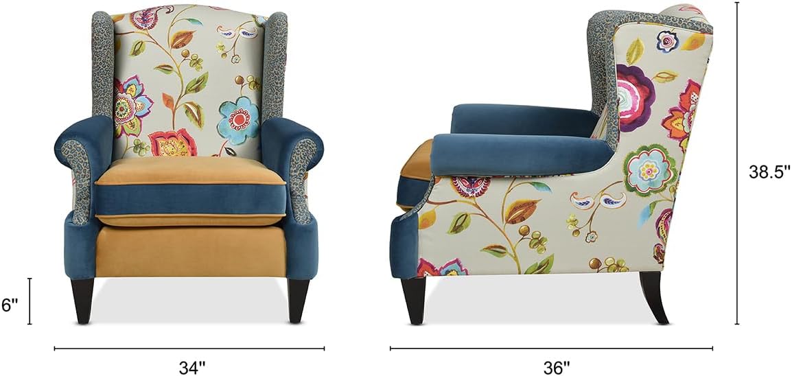 Jennifer Taylor Home Anya Eclectic Floral Patchwork Boho Chic Wingback Large Living Room Lounge Accent Arm Chair