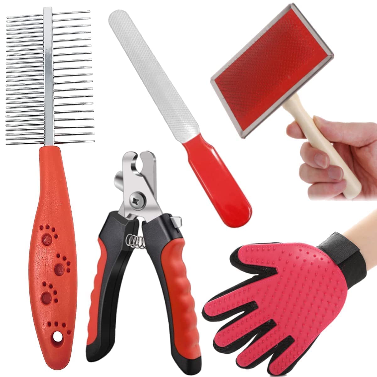 RvPaws Combo of 5 Dog Grooming Kit for Puppies & Dogs & Cats Pet Wood Handle Slicker Brush, Dog Nail Clippers with Filer, Pet Bath Glove Grooming - Color May Vary (B0B8V8GBJQ) Amazon Price History, Amazon Price Tracker