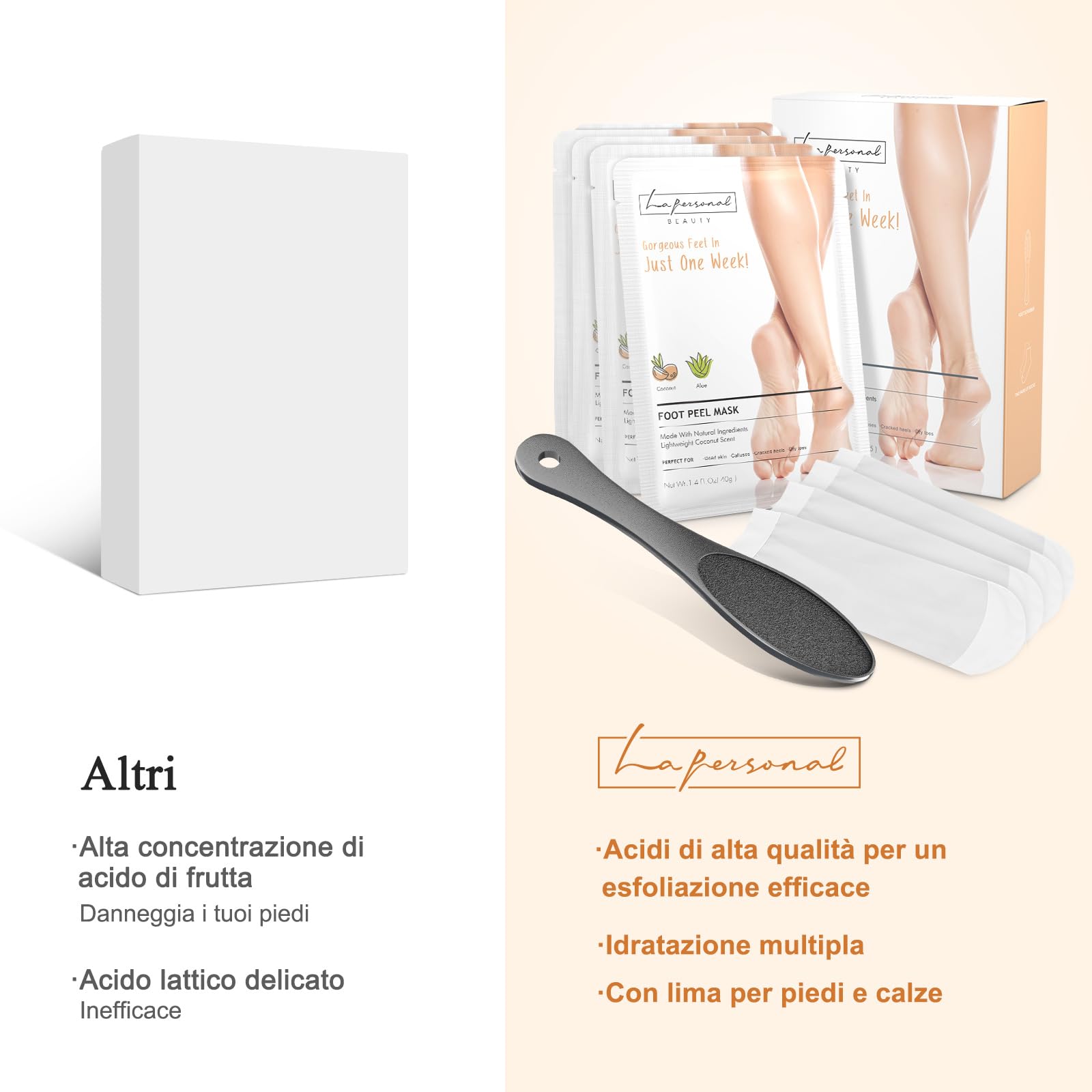LA.PERSONAL Maschere Piedi 5 paia Peeling Piedi con Raspa Piedi e Calzini, Maschera Esfoliante Piede, Lisci e Morbidi, Maschere Piede Idratante Per Tallone Secchi Screpolati, Pelle morta e Calli