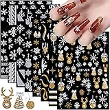 Christmas Nail Art Stickers, Snowflake Nail Decals 3D Self-Adhesive Gold Silver White Snowflake Elk Bell Xmas Tree Winter Nail Design DIY Christmas Nail Decoration for Women Girls(8Sheets)
