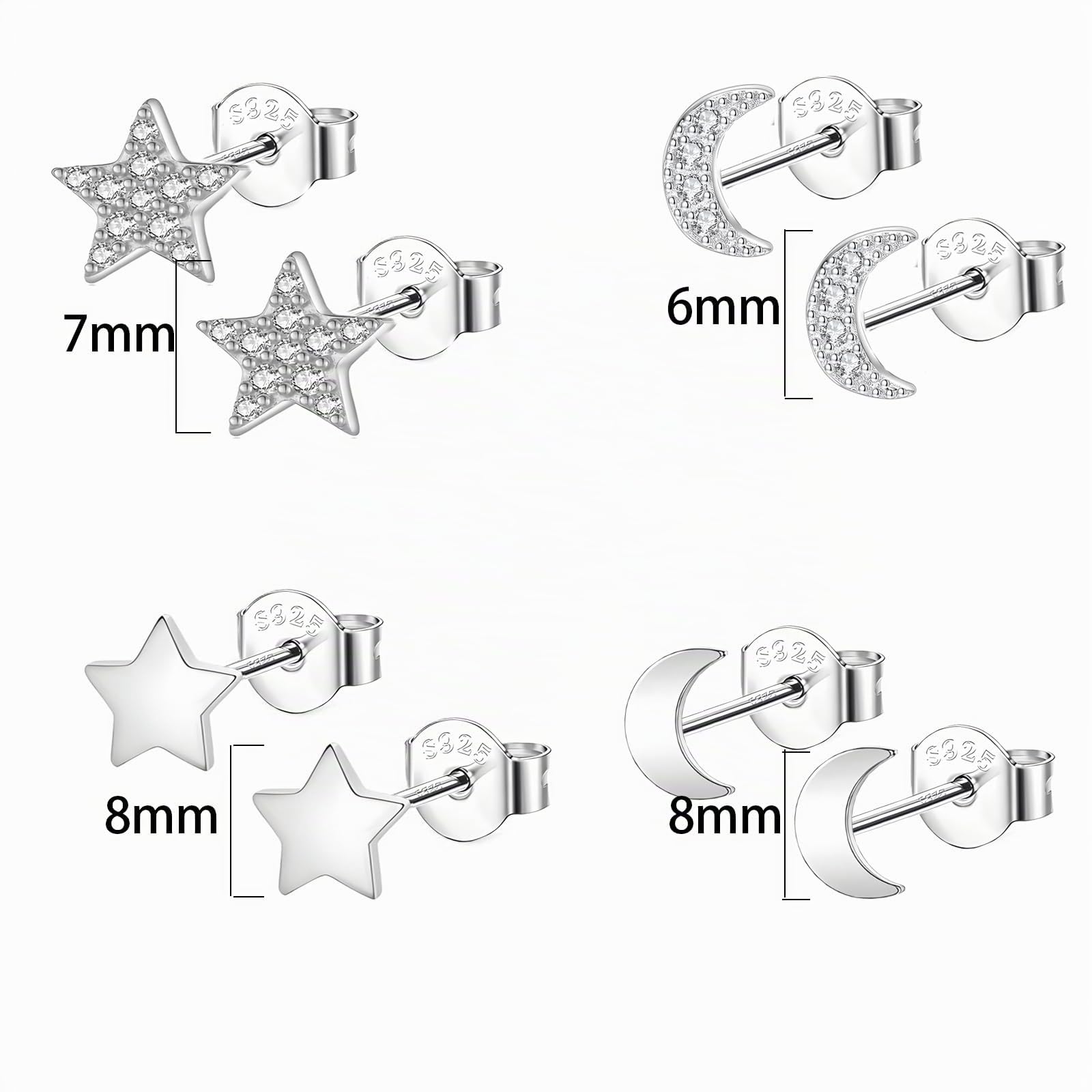 4 Paia Orecchini in Argento 925 Orecchini Stella e Luna | Ipoallergenic Piccoli con Cubic Zirconia Orecchini Argento per Donna e Ragazze