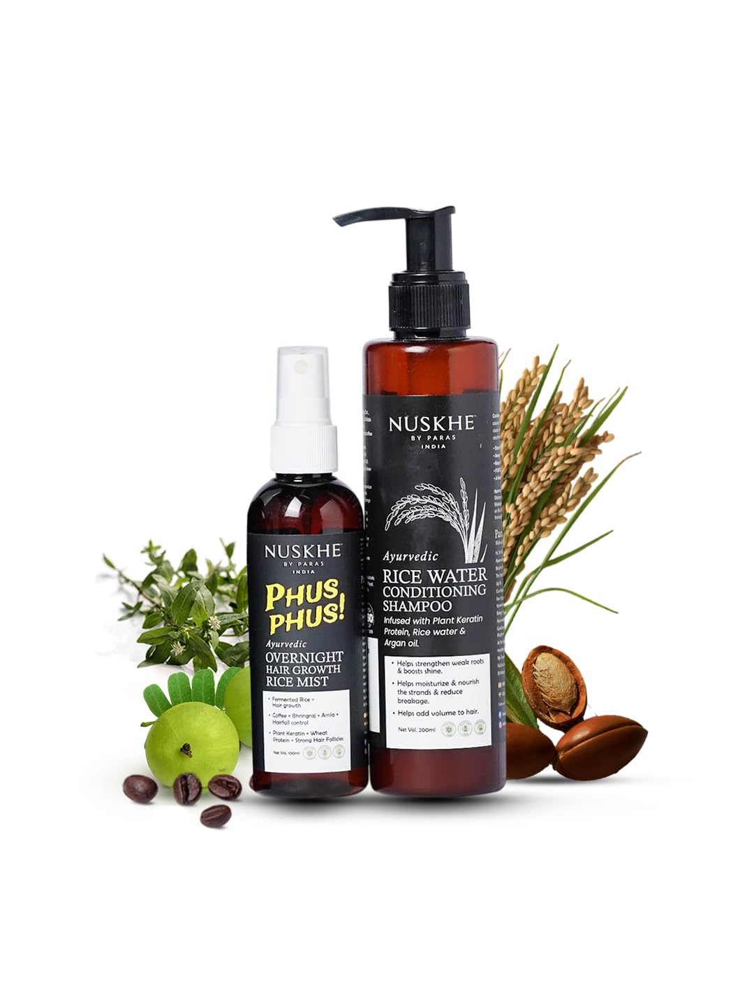 Nuskhe By Paras | Xtreme Hair Growth Combo | REDUCES HAIR FALL & PROMOTES HAIR NOURISHMENT | Ayurvedic Phus Phus Rice Hair Mist 100ml | Ayurvedic Rice Water Conditioning Shampoo 200ml