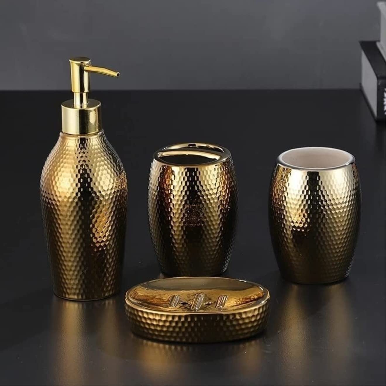 Badezimmer Set 4-teiliges Nordisches Goldenes Keramik-Waschset Badezimmer-Accessoires-Set Kreatives Badezimmerzubehör Für Homr-Dekor Dekoration Organizer