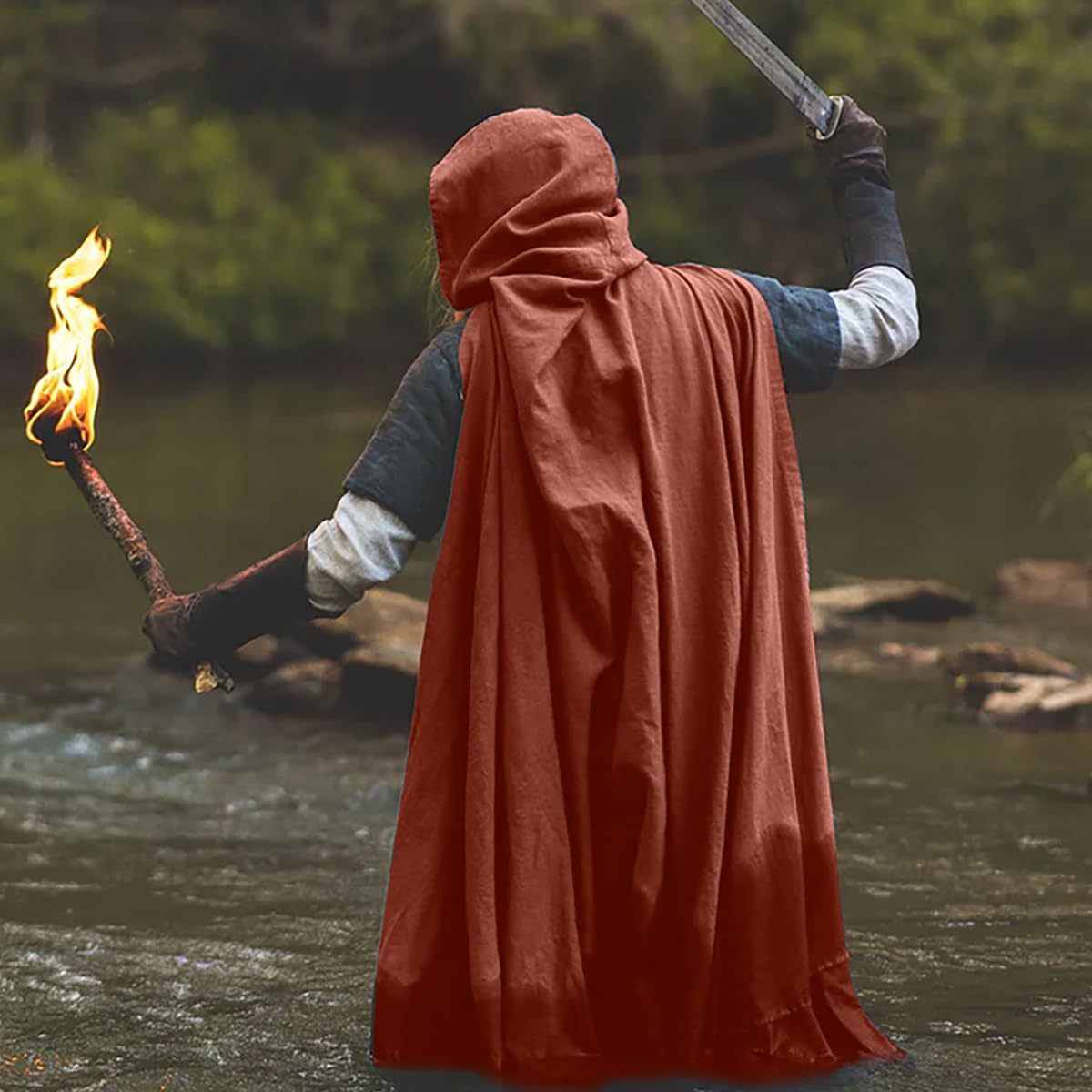 Cape Médiévale à Capuche En Lin - Unisexe - Couleur Kaki - Pour Cosplay, Halloween, événements