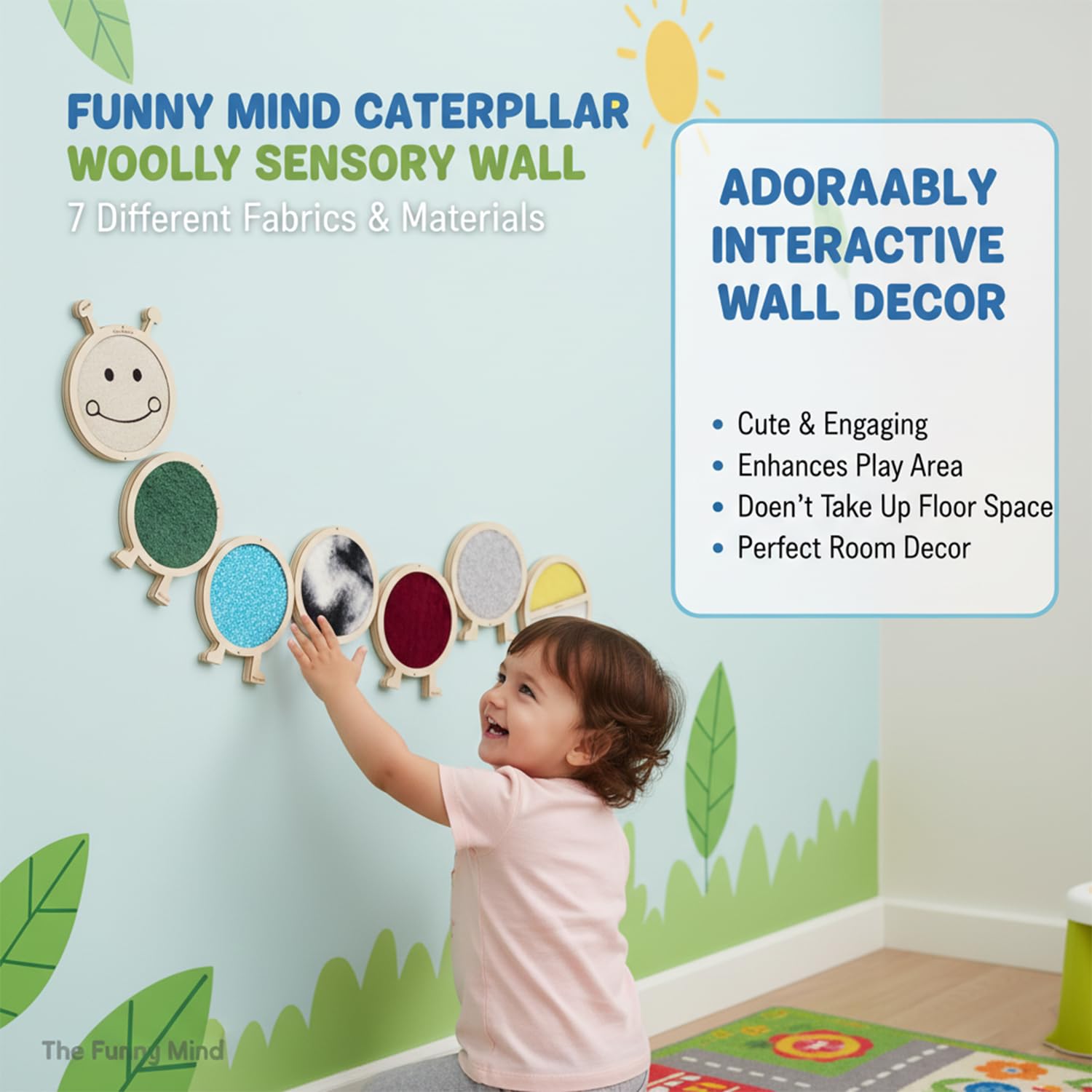 The Funny Mind Caterpillar Woolly Sensory Wall for Kids and Toddlers with 7 Different Fabrics and Material (Rough, Prickly, Sparkly, Furry, Softy, Grassy, and Squishy) - 72 Inch 4