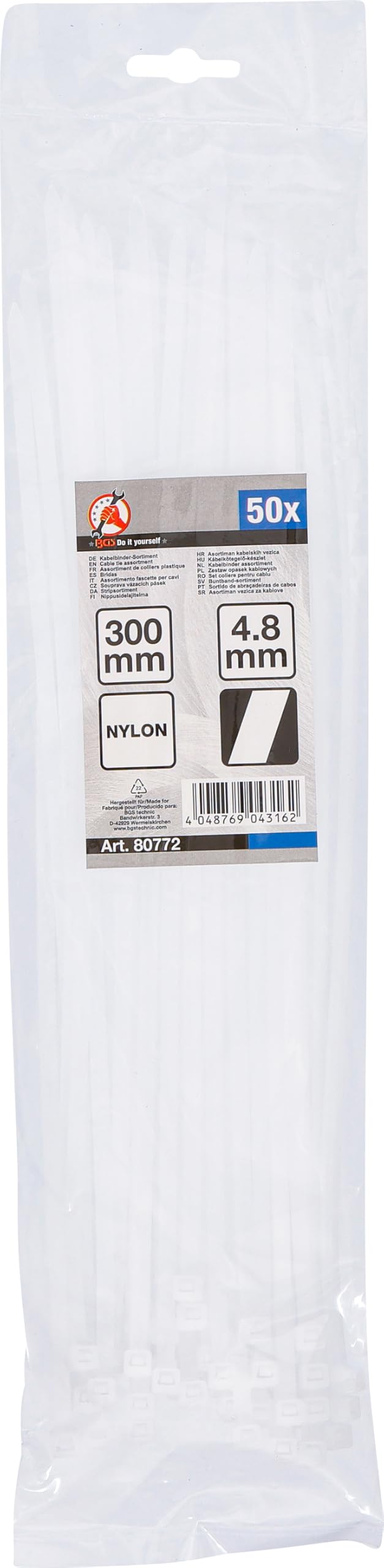 BGS Diy 80772 | Assortimento fascette per cavi | bianche | 4,8 x 300 mm | 50 pz.