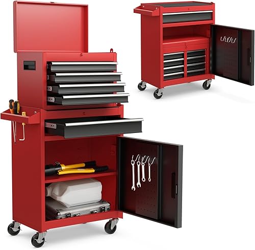 S AFSTAR Cofre de herramientas con ruedas de 5 cajones, gabinete de almacenamiento de herramientas de alta capacidad con ruedas bloqueables, estante