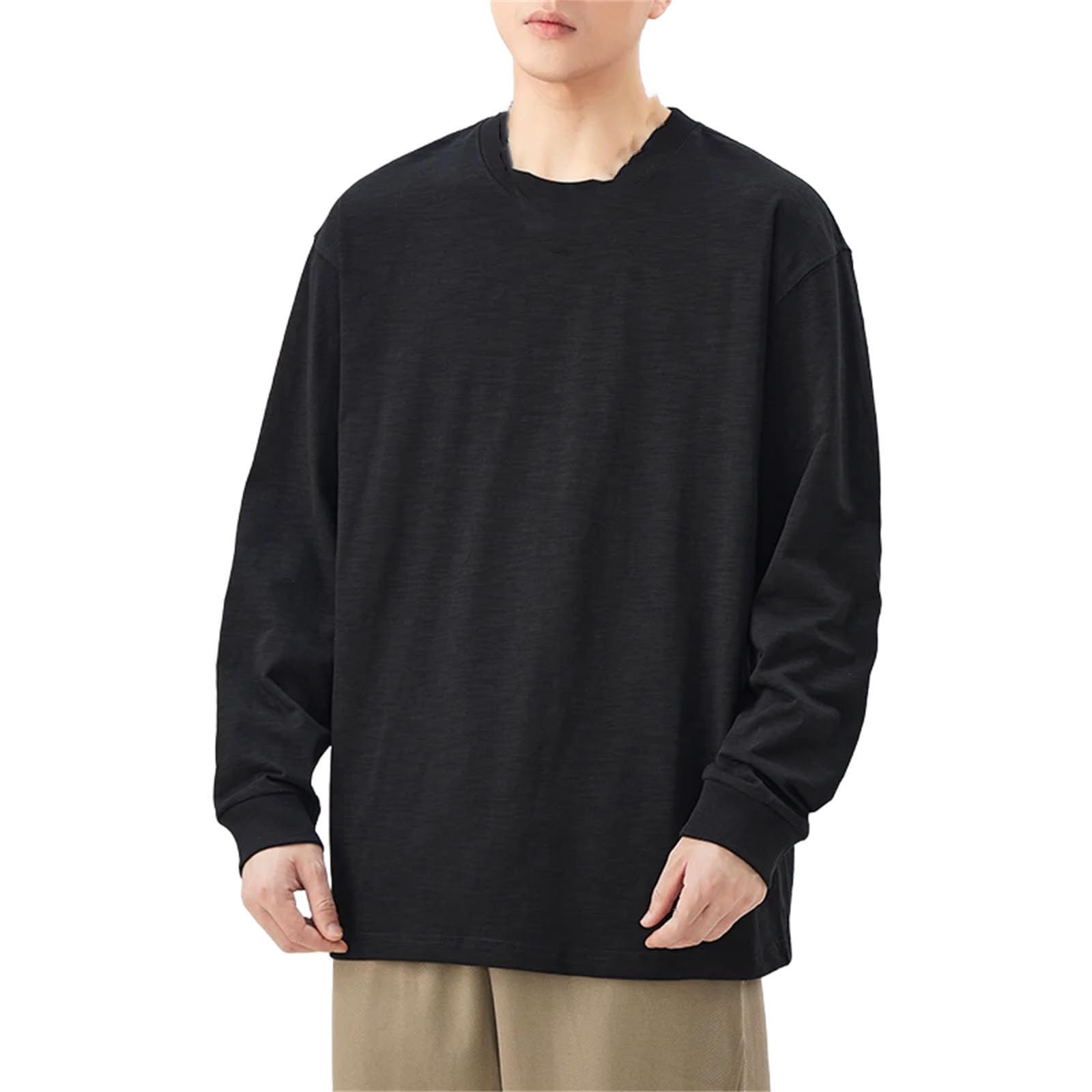 Maglietta da uomo in cotone fiammato pesante, a maniche lunghe, girocollo, ricamato, oversize, casual