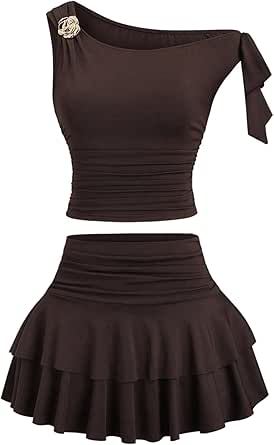 SOLY HUX Women's Two Piece Skirt Set Off The Shoulder Y2K Crop Top Ruffle Mini Skirts Going Outfits