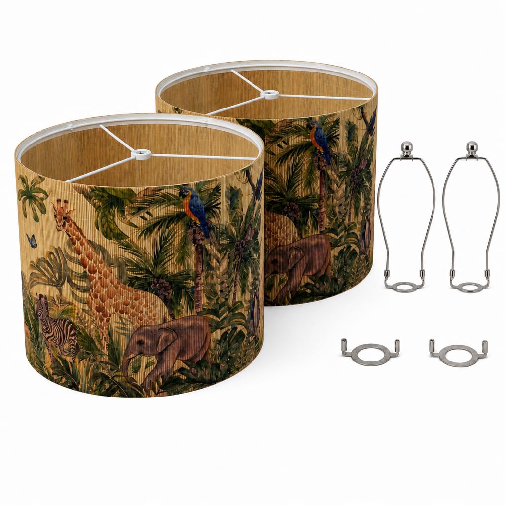 2-Pack Jungle Animal Print Lamp Shades, 13" x 13" x 10", Bamboo-Style Replacement Lamp Covers for Table Lamps & Floor Lamps, No-Tool Installation