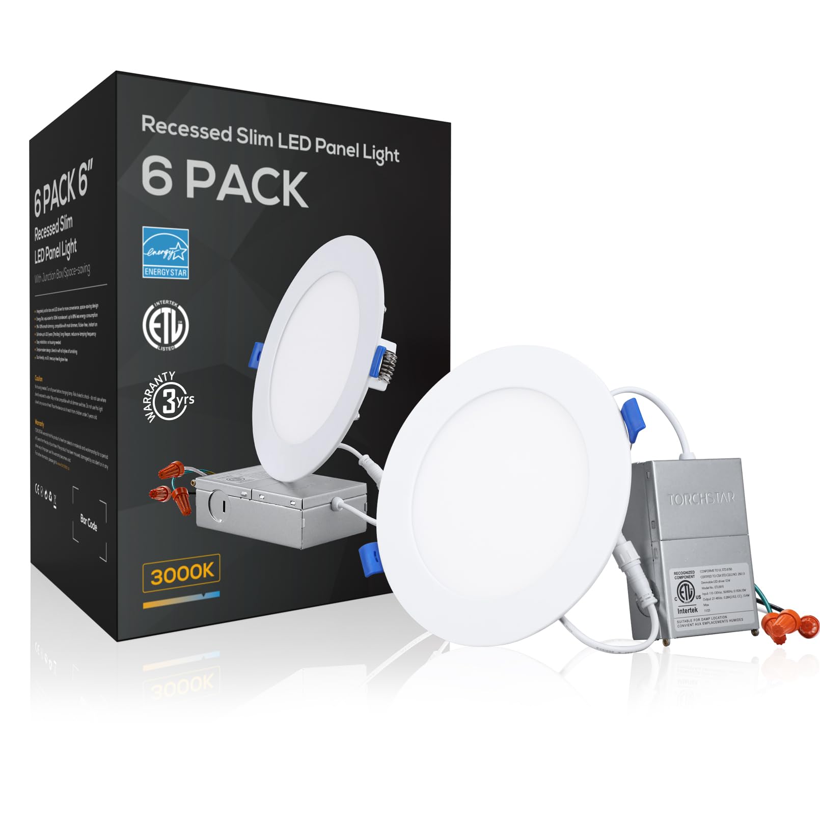 TORCHSTAR Luz de LED fina regulável de 15 cm com J-Box, 100 W Eqv