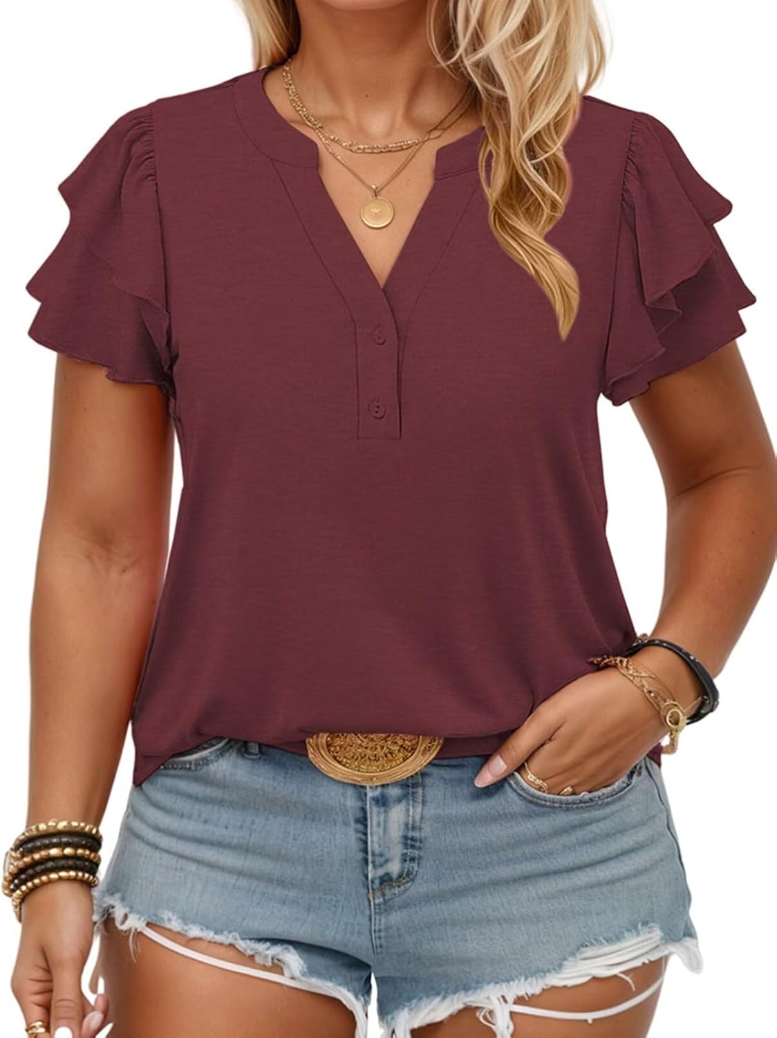 VISLILY Plus-Size-Summer-Tops for Women Cute Ruffle Short Sleeve T Shirts Notched V-Neck Tunics Button Down Blouses XL-5XL - Image 2