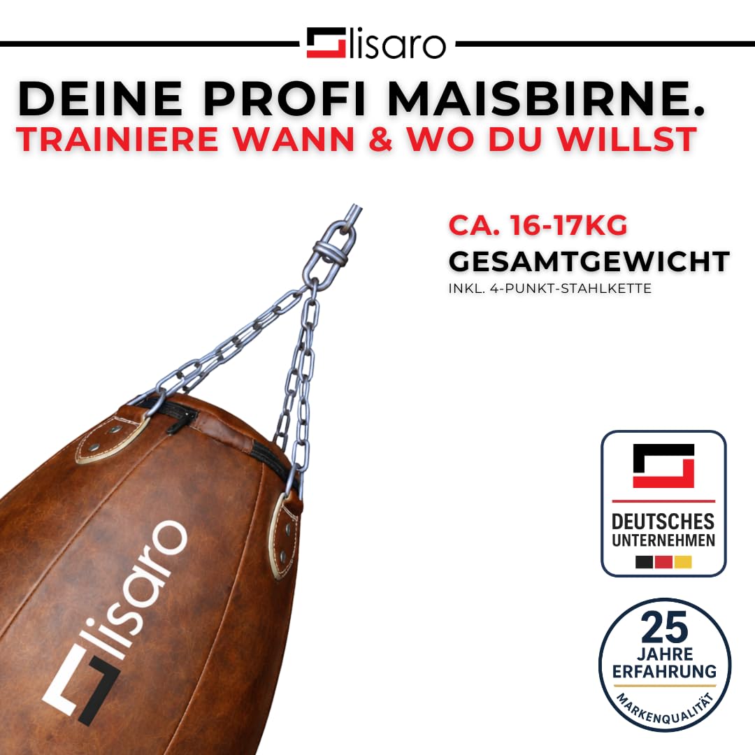 Lisaro Profi Maisbirne 70 cm – Boxbirne Punchingball hängend – 17 kg gefüllt – Premium Kunstleder Punching Bag für Boxen, Muay Thai, Kickboxen, MMA & BJJ – Boxsack Training für Gym & Home Gym
