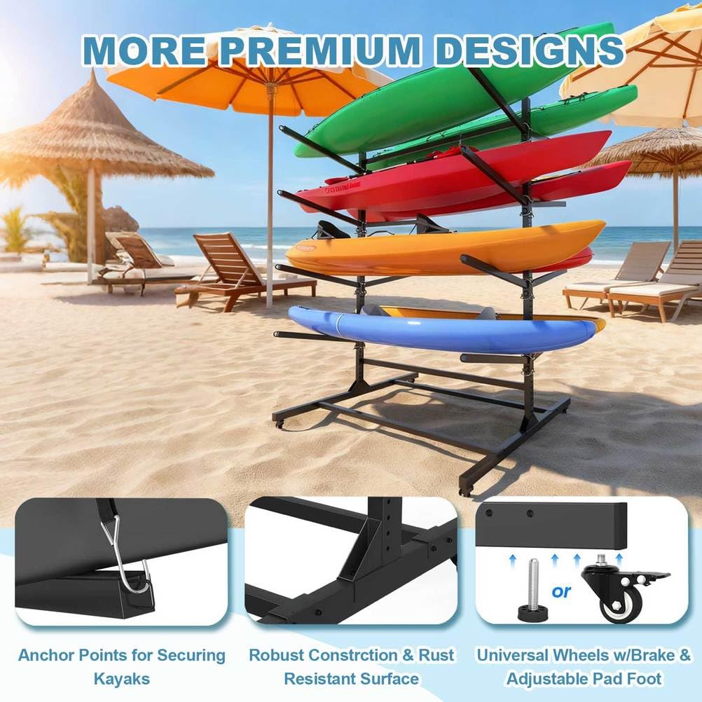 Porta Kayak Indipendente a 4 Livelli con Freni, stoccaggio in Acciaio Resistente per Tavole da Surf per Tavole da Surf, organizzatore Verticale Portatile per l'uso Esterno del Garage