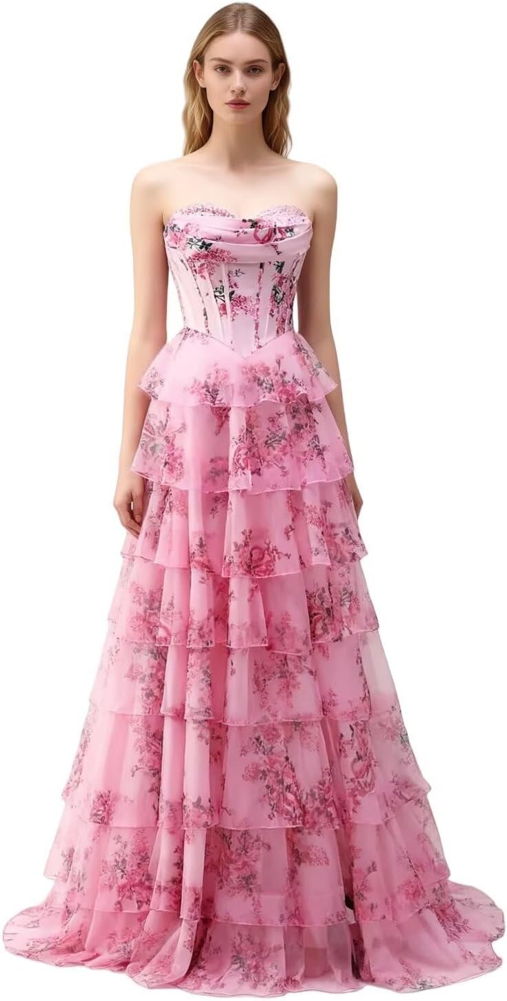 Dydsz Women’s Floral Print Evening Gown Long Formal Dress Elegant A-Line Prom Party Wedding Guest Dresses