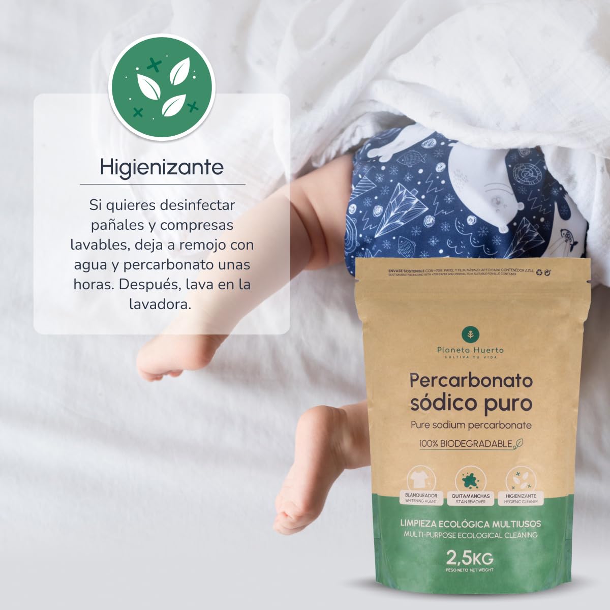PLANETA HUERTO | Percarbonato Sódico Ecológico 2,5 kg – Percarbonato Blanqueador, quitamanchas e higienizante natural, limpieza sostenible para ropa blanca, superficies y hogar sin tóxicos