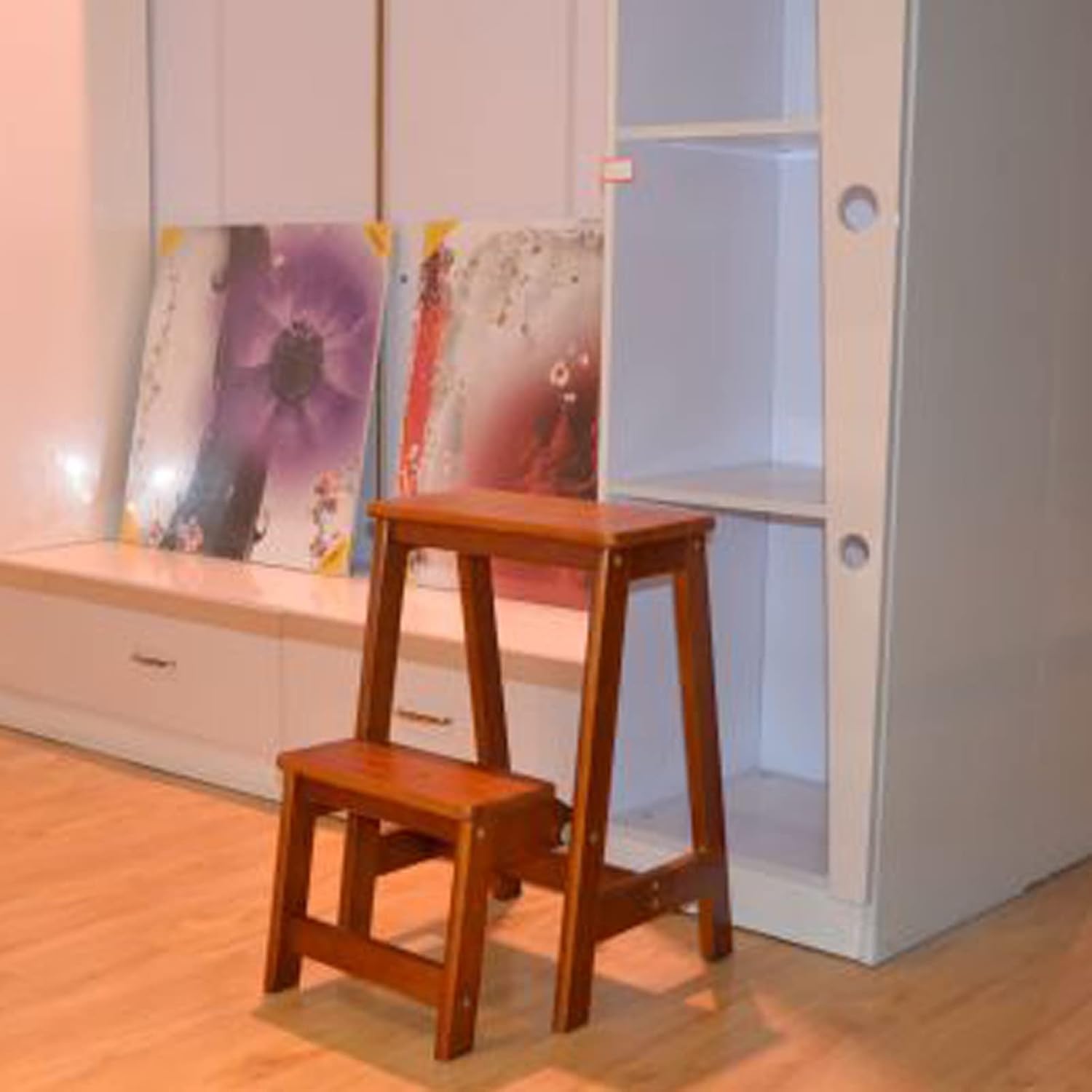 2 Step Foldable Step Stool, Wooden Counter Chair Portable Stairs Chair Small Foot Stools Ladder Chair Anti-Slip Stepladder Shoe Bench/Flower Rack