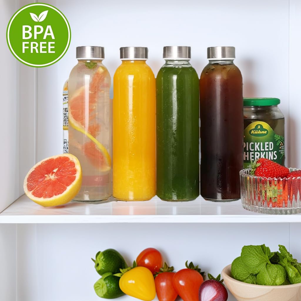 10 bottiglie di vetro con coperchio, 530 ml, riutilizzabili, per succhi di frutta, bottiglie d'acqua in vetro trasparente, a prova di perdite, con tappo ermetico in acciaio inox per