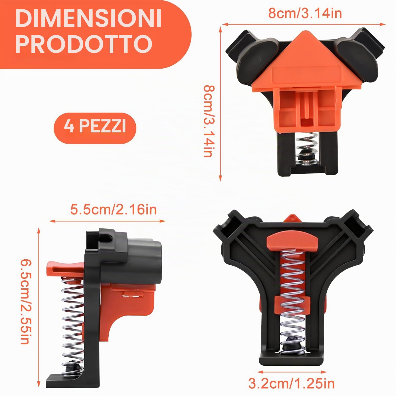 Set di 4 Morsetti Angolari 90° per Legno, Campo 5–22 mm | Squadra di serraggio per falegnameria, mobili e cornici