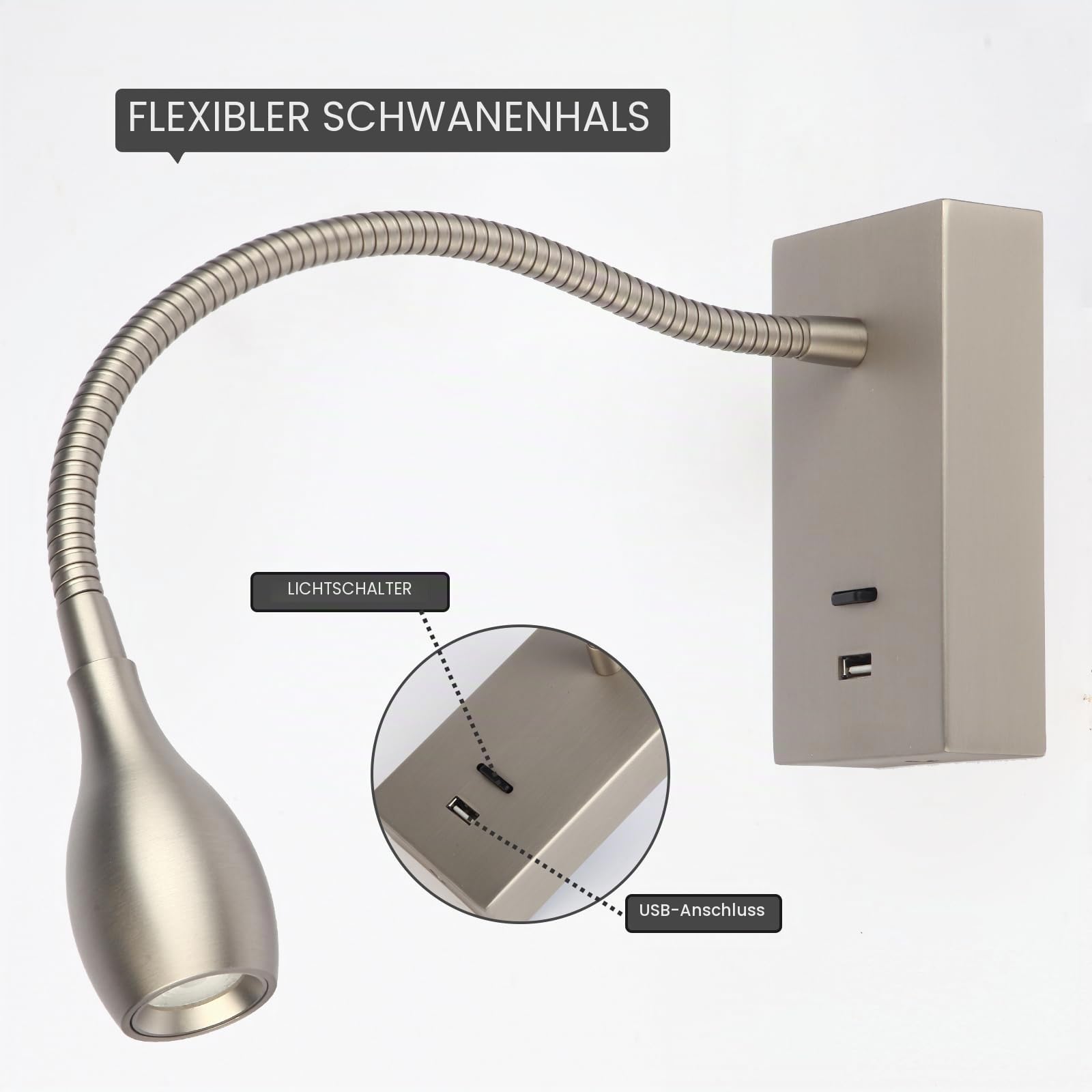 Meanyee Leselampe Wandlampe Nachttischlampe Schwanenhals mit Schalter / USB-Ladeanschluss / verstellbar / 3W 3000K / Finish Nickel gebürstet / MY-WN198N
