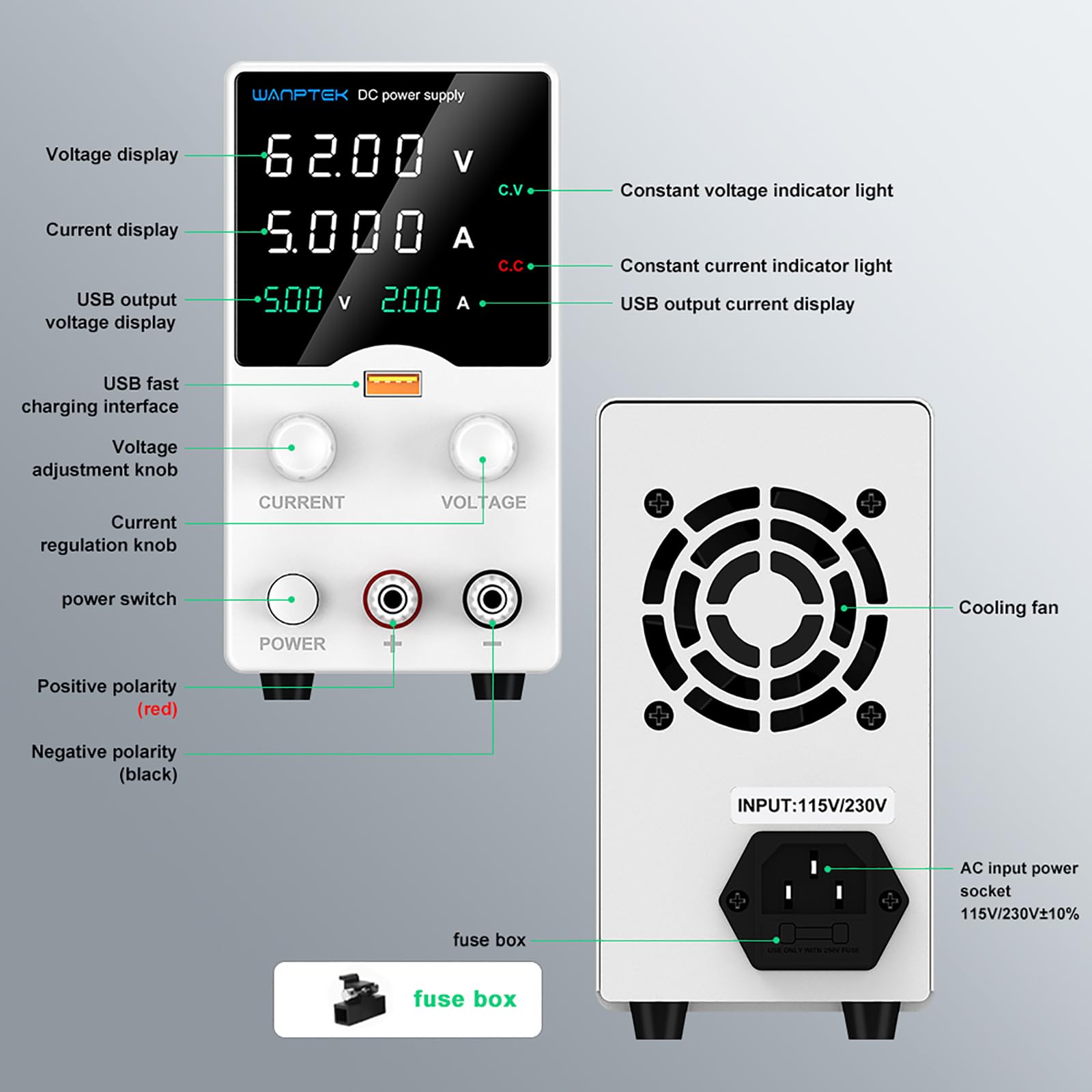 Zasilacz laboratoryjny 30 V, 10 A, zasilacz laboratoryjny z 4-cyfrowym wyświetlaczem LED, regulowany zasilacz impulsowy, przycisk nadajnika DC, zasilacz z szybkim ładowaniem USB