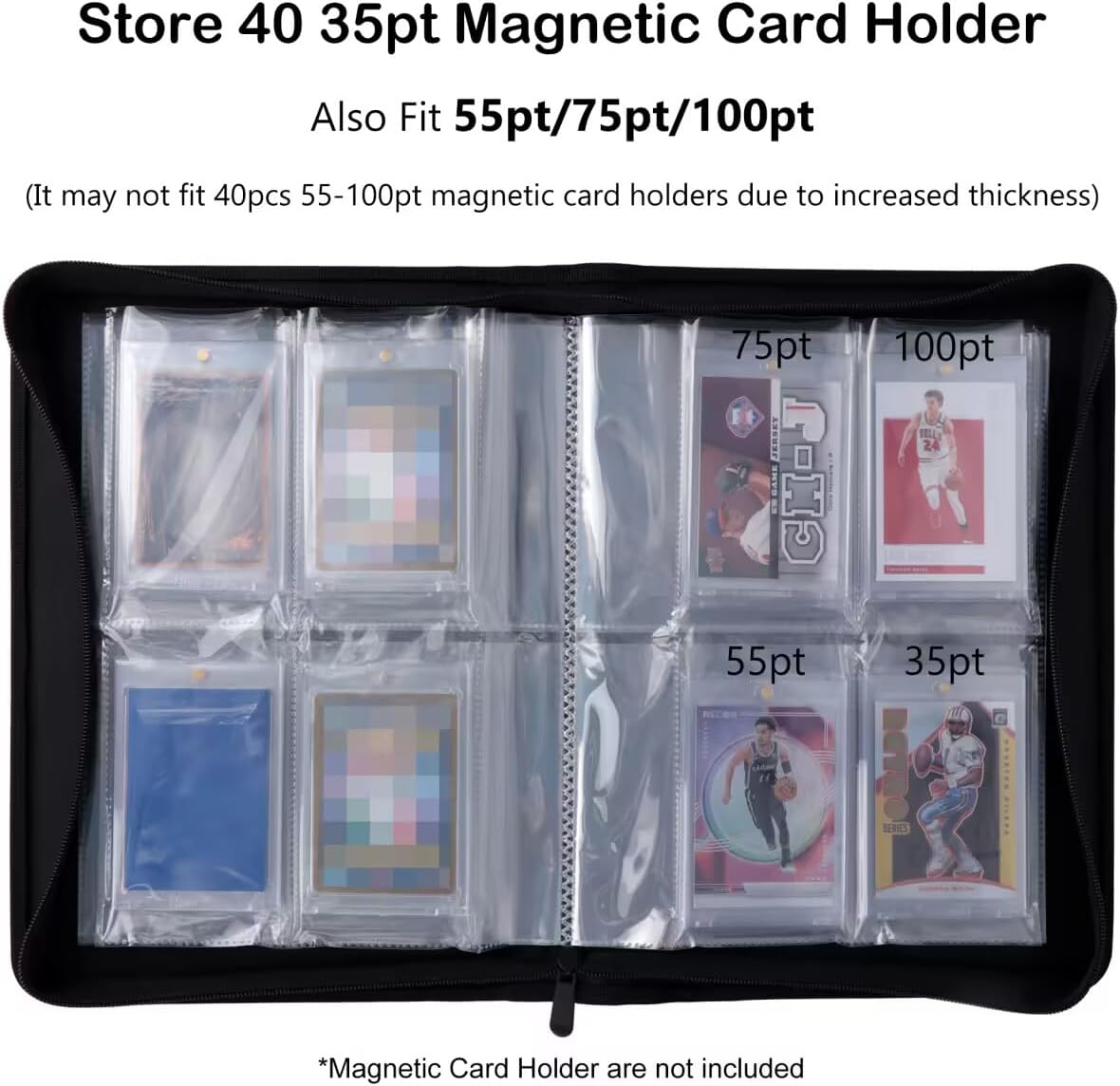 Rayvol 4-Pocket Binder for 35pt Magnetic Card Holders – Holds 40 Slabs, Top-Loading Acid-Free Pages, Zipper Album for Graded & Display Cards