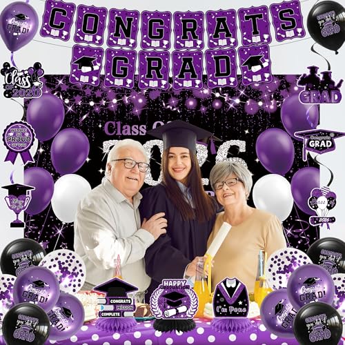 Image of DARUNAXY Black Purple Graduation Party Decorations, Purple Class of 2026 Graduation Banner, 2026 Congrats Grad Honeycomb Hanging Swirl Confetti Balloon Congratulations Graduates Party Supplies(25PC)