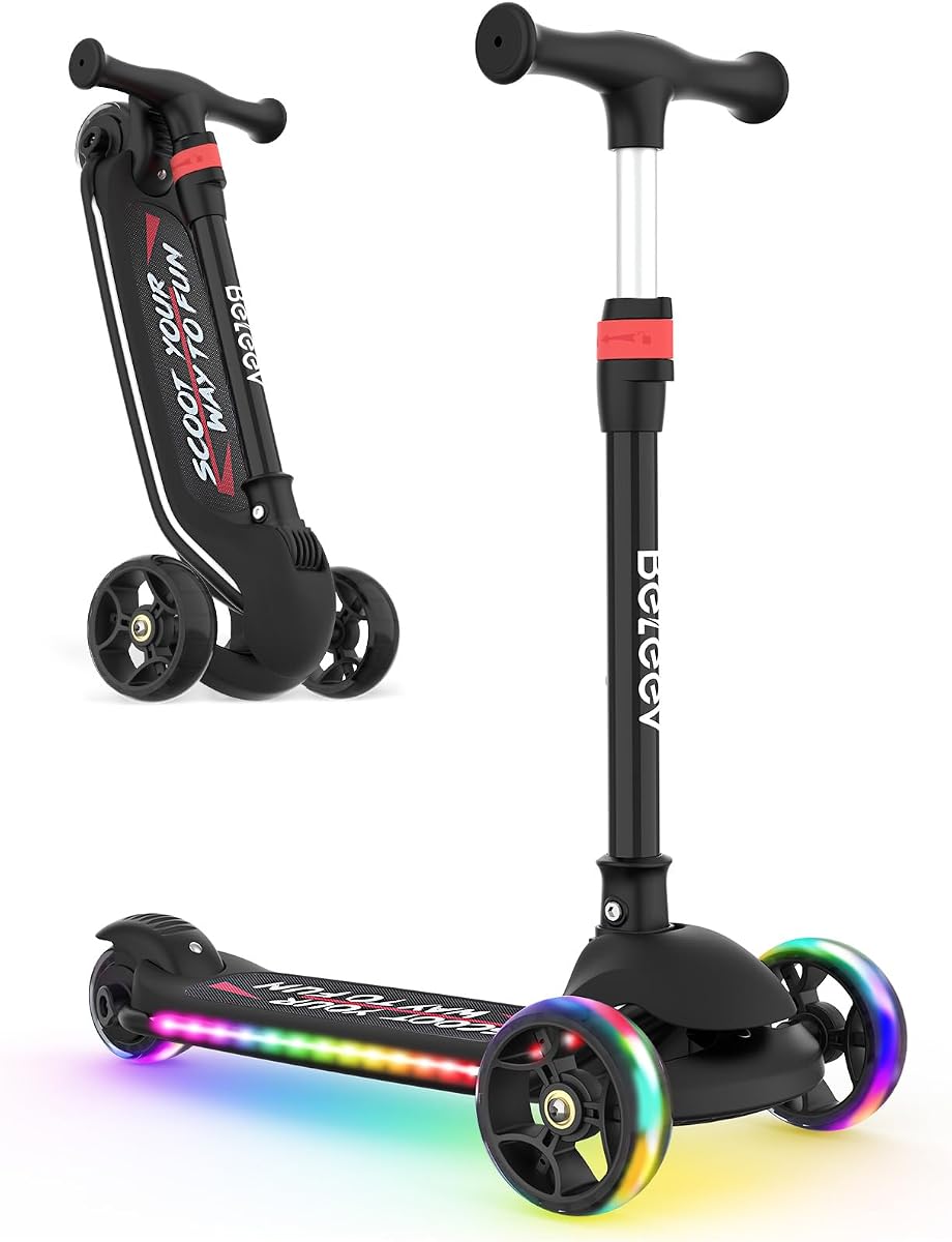 BELEEV A9 Patinete para niños con ruedas y plataforma con iluminación LED, patinete plegable de 3 ruedas para niños pequeños, niñas y niños de 3 a 12 años, manillar ajustable, inclinación para dirigir, ruedas extra anchas, patinete para niños