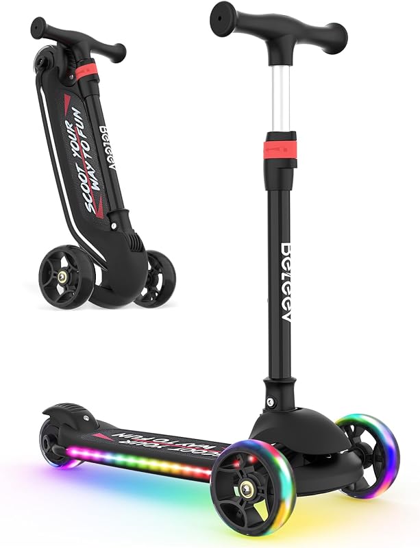 BELEEV A9 Patinete para niños con ruedas y plataforma con iluminación LED, patinete plegable de 3 ruedas para niños pequeños, niñas y niños de 3 a 12 años, manillar ajustable, inclinación para dirigir, ruedas extra anchas, patinete para niños