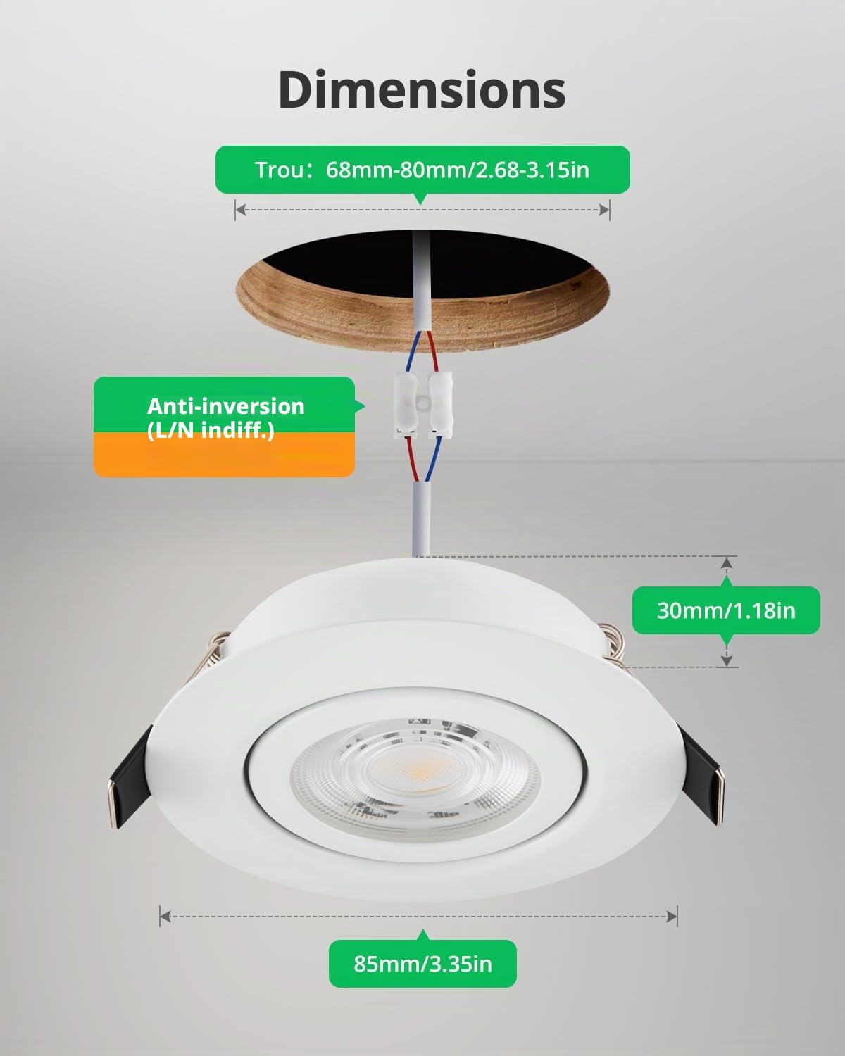Bojim Spot LED Encastrable Dimmable 230V, Salle de Bain IP44 Trou 68mm | Blanc Chaud / Neutre / Froid, 7W Spots de Plafond pour Cuisine Salon, Lot de 6