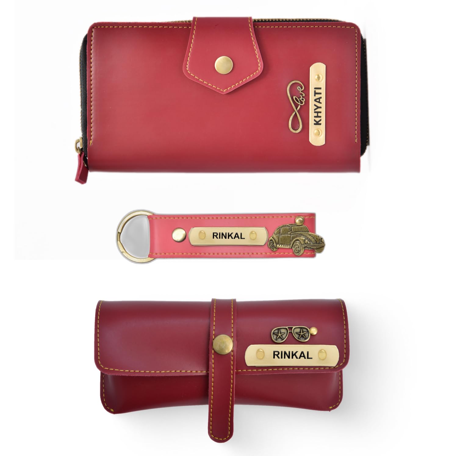 your gift studio Customized Lady Wallet 3 in 1 Gift Set | Personalized Lady Wallet, Eyewear Case & Keychain with Name & Charm | Gifts for Women for Birthday | Gift Sets (Wine)-picture-18