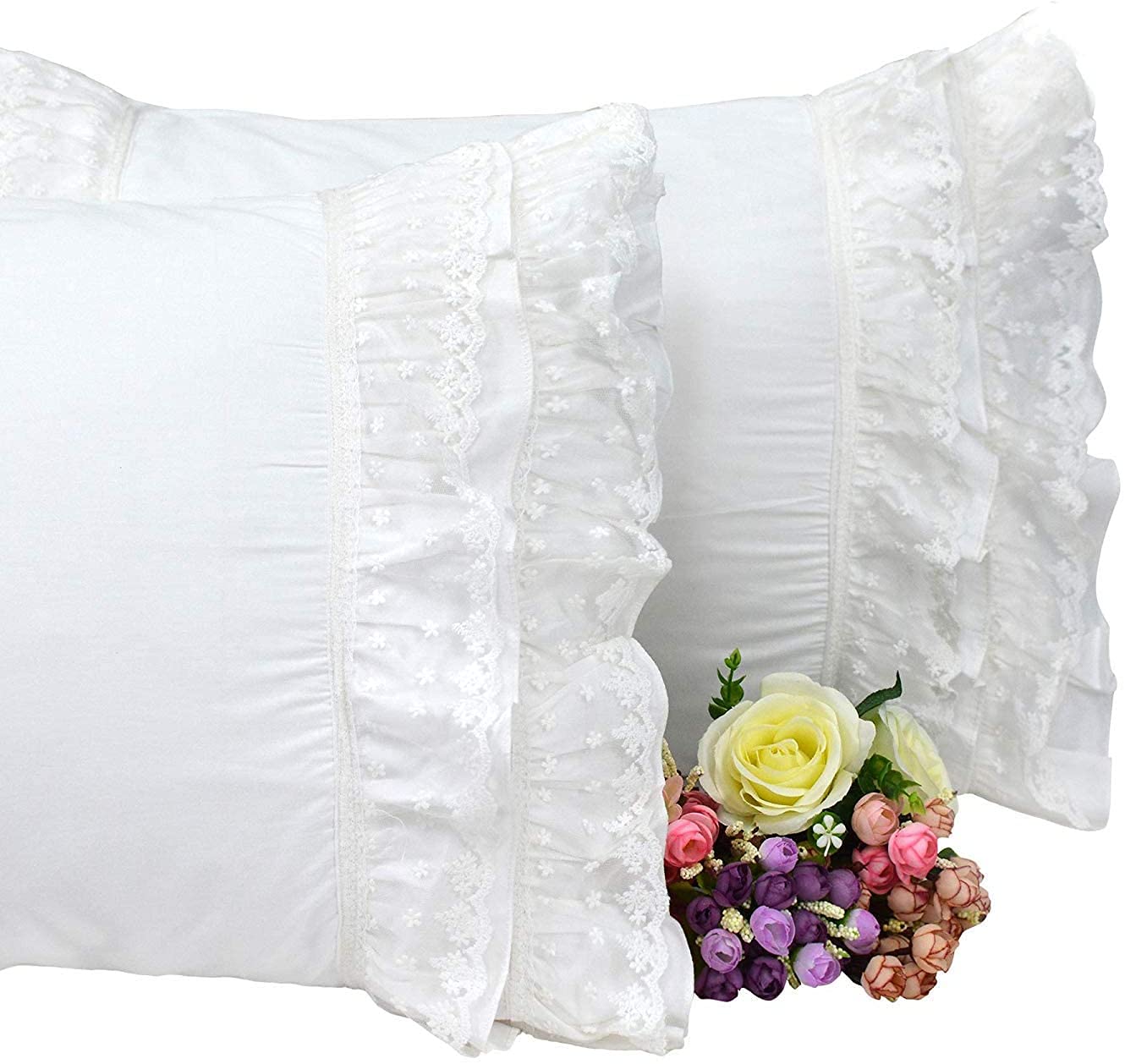 Brandream White Pillow Case Set of 2 King Size Farmhouse Shabby Chic Ruffle Pillow Shams 100% Cotton Decorative Pillow Covers for King Size Bed