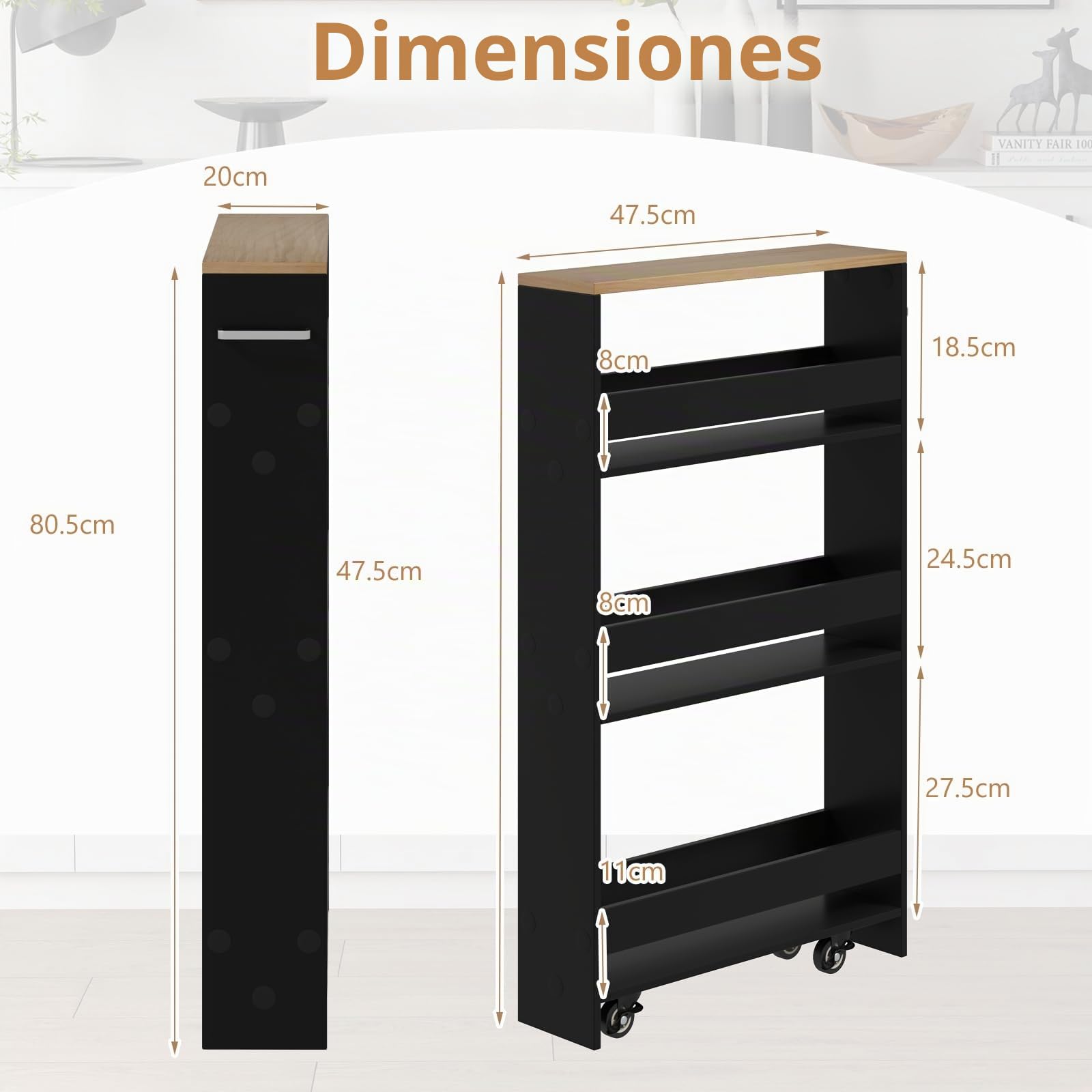 KOMFOTTEU Carro Estrecho de 4 Niveles con Ruedas, Carrito de Cocina con Asa, Carrito para Ahorrar Espacio para BAÑO, Dormitorio, Estantería Móvil de Almacenamiento, 47,5 x 20 x 80,5 cm (Negro)