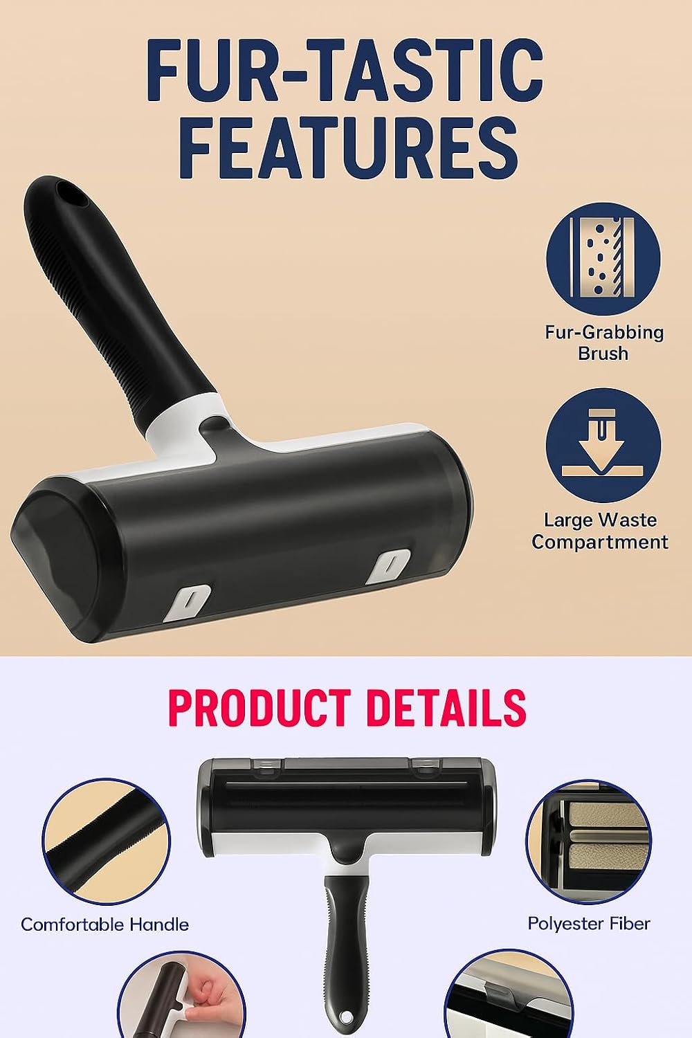 Reusable Pet Hair Roller Self Cleaning, No Refills 8‑Inch Ergonomic Handle Removes Fur from Furniture Clothing & Car Seats Easy to use pet Hair Removal Tool Light Weight Bidirectional Features