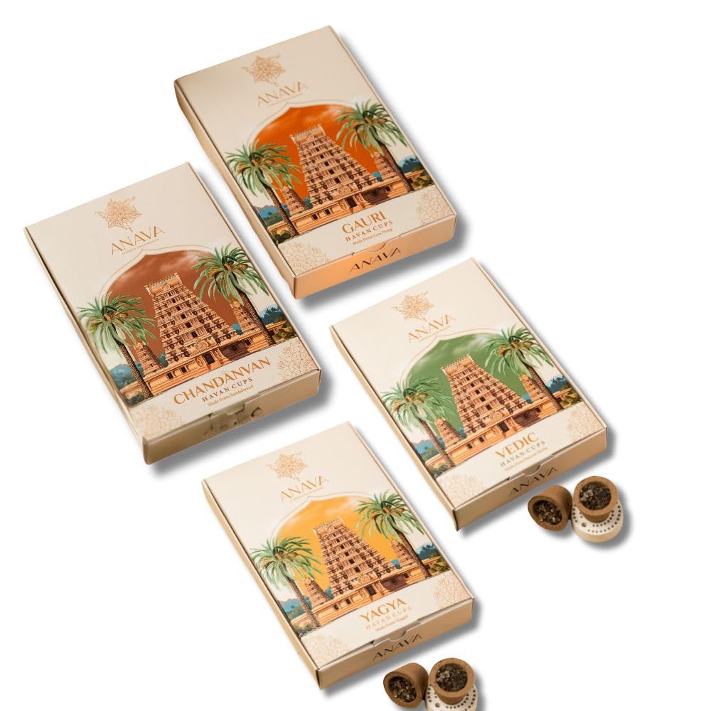 ANAVA Ritual Havan Cups Combo Pack,-Sandalwood, Cow Dung, Guggal, Natural Herbs| Pack of4| 56 havan Cups + 1 Free Stand| Blend of Jatamansi, Natural Herbs. Guggal,Chandan and Cow Dung-image-39